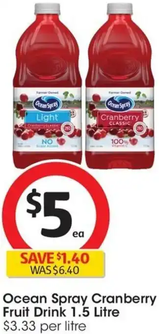 Coles Ocean Spray Cranberry Fruit Drink 1.5 Litre offer