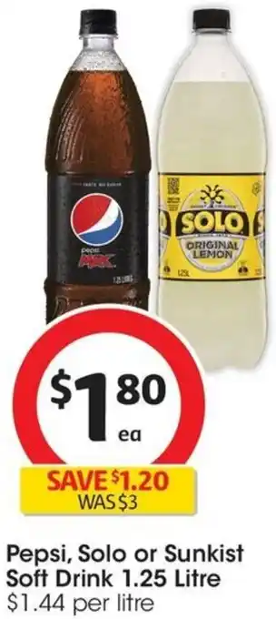 Coles Pepsi, Solo or Sunkist Soft Drink 1.25 Litre offer