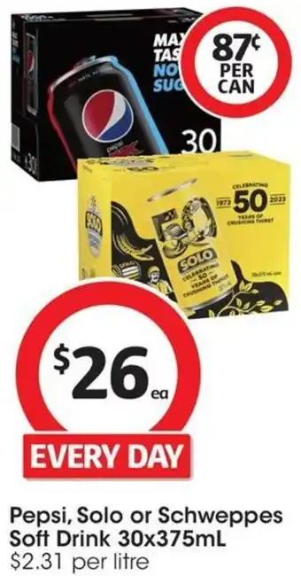 Coles Pepsi, Solo or Schweppes Soft Drink 30x375mL offer