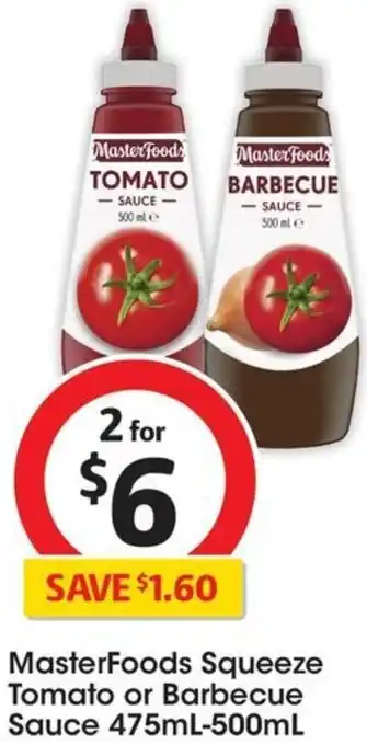 Coles MasterFoods Squeeze Tomato or Barbecue Sauce 475mL-500mL offer
