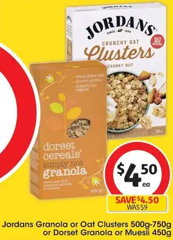 Coles Jordans Granola or Oat Clusters 500g-750g or Dorset Granola or Muesli 450g offer