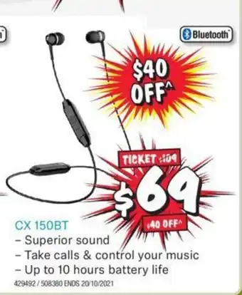 JB Hi-Fi Sennheiser - CX 150BT offer