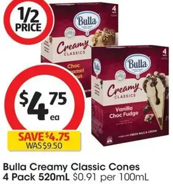 Coles Bulla Creamy Classic Cones 4 Pack 520mL offer