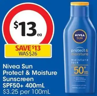 Coles Nivea Sun Protect & Moisture Sunscreen SPF50+ 400mL offer