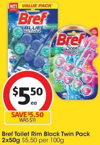 Coles Bref Toilet Rim Block Twin Pack 2x50g offer