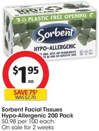Coles Sorbent Facial Tissues Hypo-Allergenic 200 Pack offer