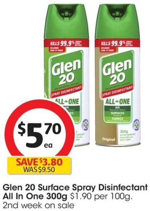 Glen 20 Surface Spray Disinfectant All In One 300g offer at Coles