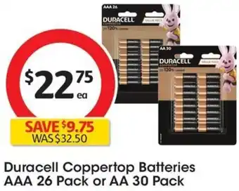Coles Duracell Coppertop Batteries AAA 26 Pack or AA 30 Pack offer