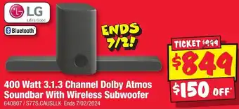 JB Hi-Fi 400 Watt 3.1.3 Channel Dolby Atmos Soundbar With Wireless Subwoofer offer