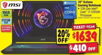 JB Hi-Fi 15" Katana Gaming Notebook offer