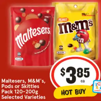 IGA Maltesers, M&M's, Pods or Skittles Pack 120-200g offer
