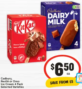 IGA Cadbury, Nestlé or Oreo Ice Cream 4 Pack offer