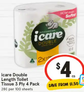 IGA icare Double Length Toilet Tissue 3 Ply 4 Pack offer