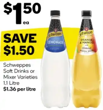 Woolworths Schweppes Soft Drinks or Mixer Varieties 1.1 Litre offer