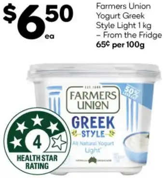 Woolworths Farmers Union Yogurt Greek Style Light 1 kg offer