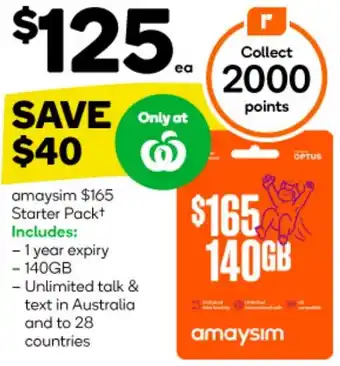 Woolworths amaysim $165 Starter Pack offer