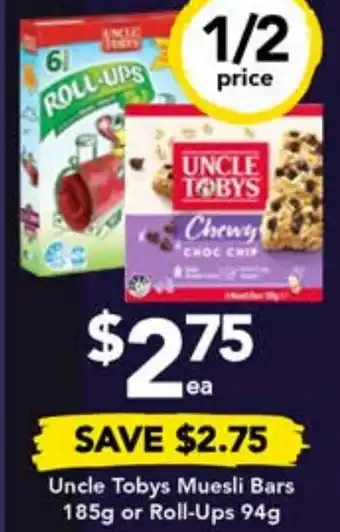Uncle Tobys Muesli Bars 185g or Roll-Ups 94g
