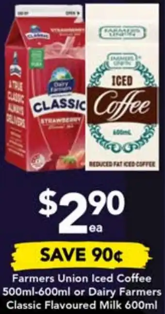 Drakes Farmers Union Iced Coffee 500ml-600ml or Dairy Farmers Classic Flavoured Milk 600ml offer