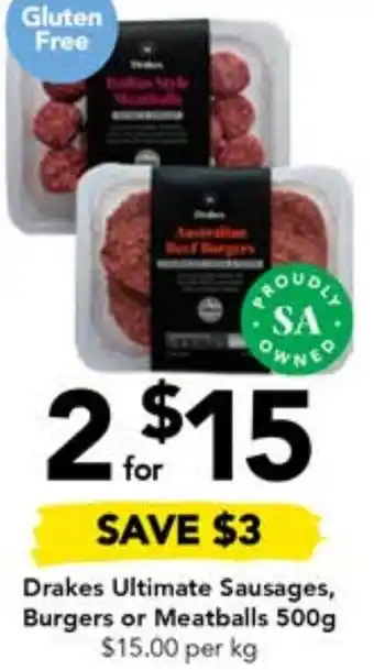 Drakes Drakes Ultimate Sausages, Burgers or Meatballs 500g offer