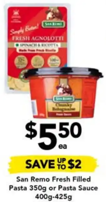 Drakes San Remo Fresh Filled Pasta 350g or Pasta Sauce 400g-425g offer
