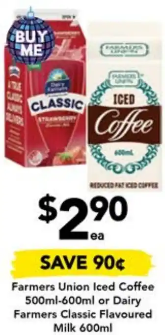 Drakes Farmers Union Iced Coffee 500ml-600ml or Dairy Farmers Classic Flavoured Milk 600ml offer