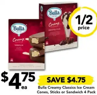 Drakes Bulla Creamy Classics Ice Cream Cones, Sticks or Sandwich 4 Pack offer