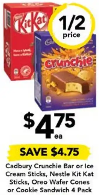 Drakes Cadbury Crunchie Bar or Ice Cream Sticks, Nestle Kit Kat Sticks, Oreo Wafer Cones or Cookie Sandwich 4 Pack offer