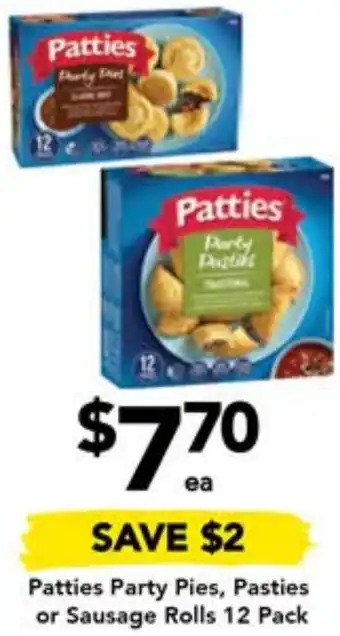 Drakes Patties Party Pies, Pasties or Sausage Rolls 12 Pack offer