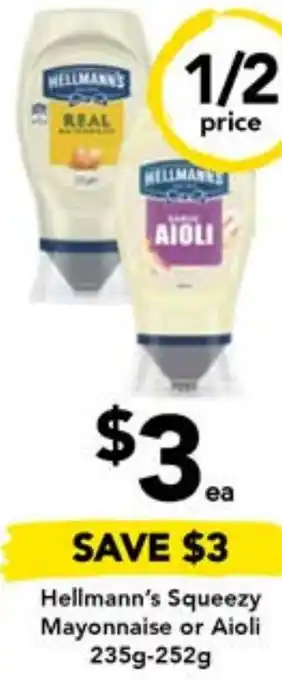 Hellmann's Squeezy Mayonnaise or Aioli 235g-252g