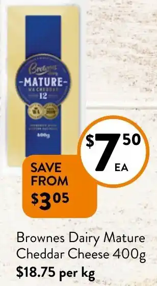 Foodworks Brownes Dairy Mature Cheddar Cheese 400g offer
