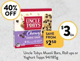 Foodworks Uncle Tobys Muesli Bars, Roll ups or Yoghurt Topps 94/185g offer