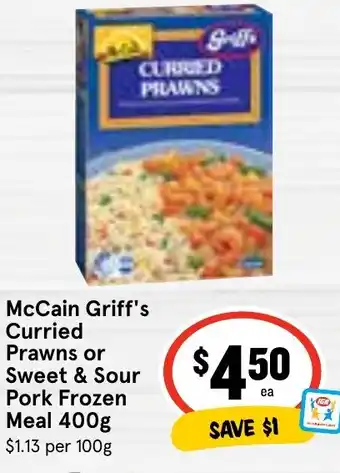 Ritchies McCain Griff's Curried Prawns or Sweet & Sour Pork Frozen Meal 400g offer