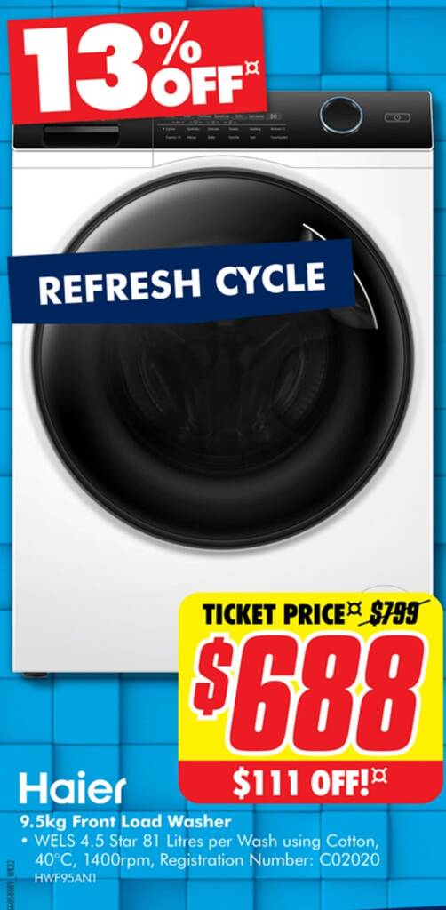 Haier 9.5kg Front Load Washer offer at The Good Guys