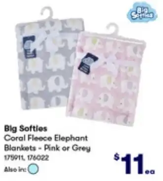 BIG W Big Softies Coral Fleece Elephant Blankets-Pink or Grey offer