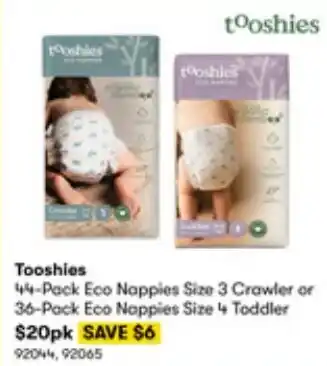 BIG W Tooshies 44-Pack Eco Nappies Size 3 Crawler or 36-Pack Eco Nappies Size 4 Toddler offer
