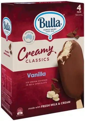 IGA Bulla Creamy Classics Ice Cream 4 Pack Selected Varieties offer