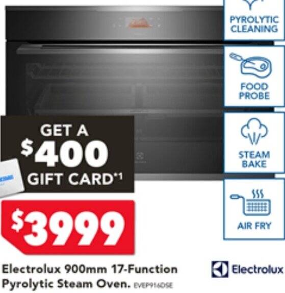 Electrolux 900mm 17Function Pyrolytic Steam Oven offer at Harvey Norman