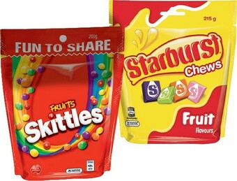 IGA Skittles or Starburst Chews Fun Size Pack 190-215g Selected Varieties offer