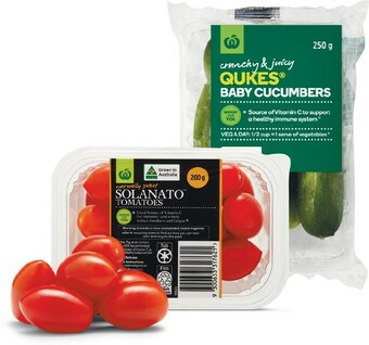 Woolworths Australian Sweet Solanato™ Tomatoes 200g Punnet or Qukes® Baby Cucumbers 250g Pack offer