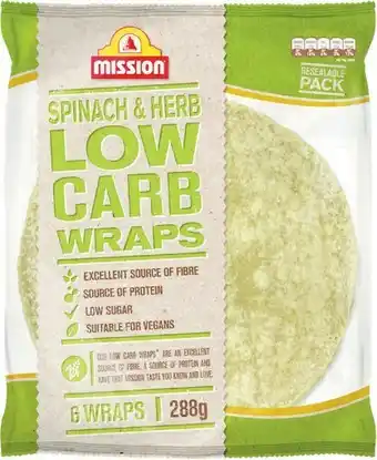 Woolworths Mission Low Carb Wraps 288g Pk 6 Varieties offer