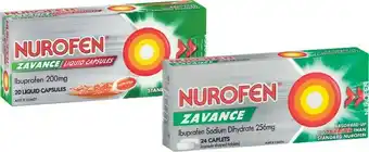 Woolworths Nurofen Zavance Fast Pain Relief Liquid Capsules Ibuprofen Pk 20 or Caplets 256mg Ibuprofen Pk 24^ offer