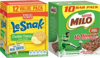 Coles Uncle Tobys Le Snak Value Pack 264g or Nestlé Milo Bars 210g-270g offer