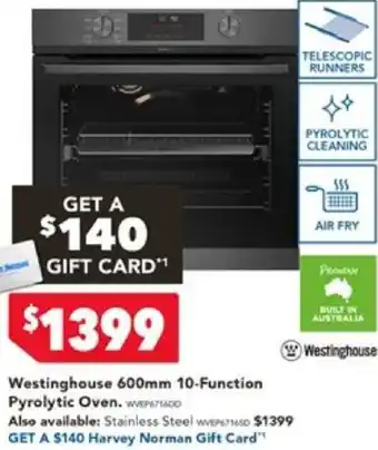 Harvey Norman Westinghouse 600mm 10-Function Pyrolytic Oven offer