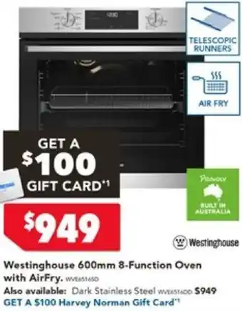 Harvey Norman Westinghouse 600mm 8-Function Oven with AirFry offer