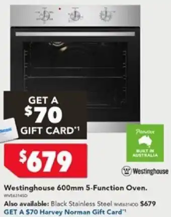 Harvey Norman Westinghouse 600mm 5-Function Oven offer