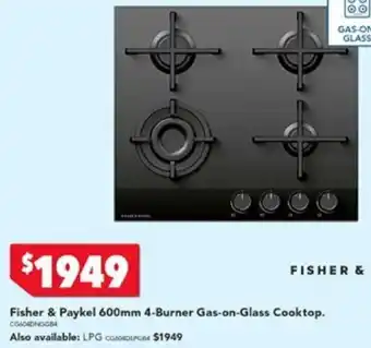 Harvey Norman Fisher & Paykel 600mm 4-Burner Gas-on-Glass Cooktop offer