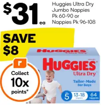 Woolworths Huggies Ultra Dry Jumbo Nappies Pk 60-90 or ea Nappies Pk 96-108 offer