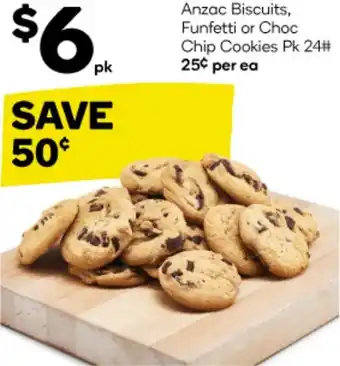 Anzac Biscuits, Funfetti or Choc Chip Cookies Pk 24