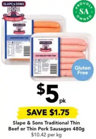 Drakes Slape & Sons Traditional Thin Beef or Thin Pork Sausages 480g offer