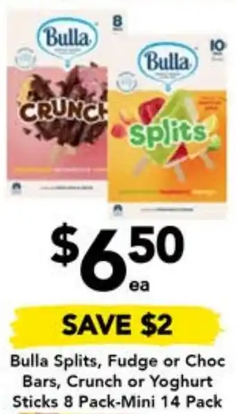Drakes Bulla Splits, Fudge or Choc Bars, Crunch or Yoghurt Sticks 8 Pack-Mini 14 Pack offer